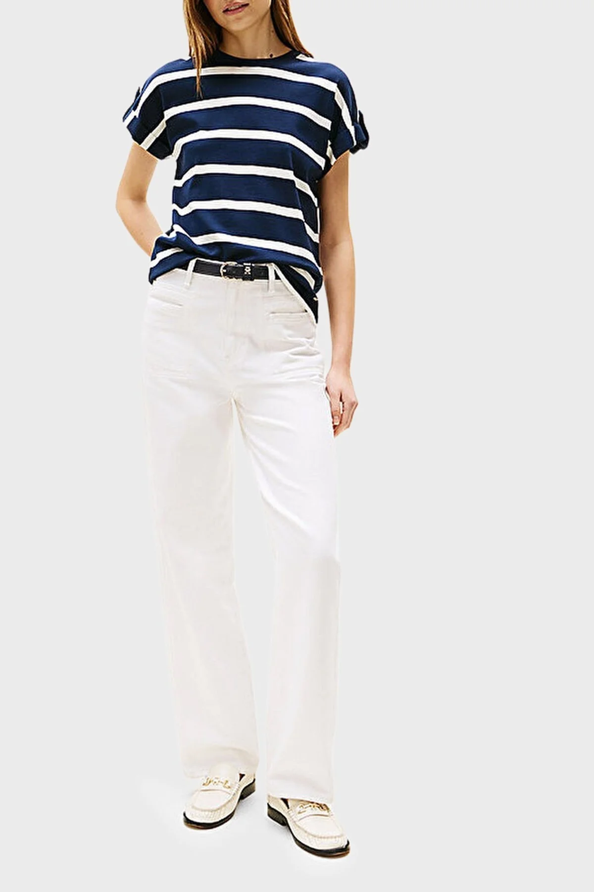 Tommy Hilfiger % 100 Pamuk Regular Fit Bisiklet Yaka Çizgili Bayan T Shirt WW0WW45628 0BB LACİVERT-BEYAZ - 2