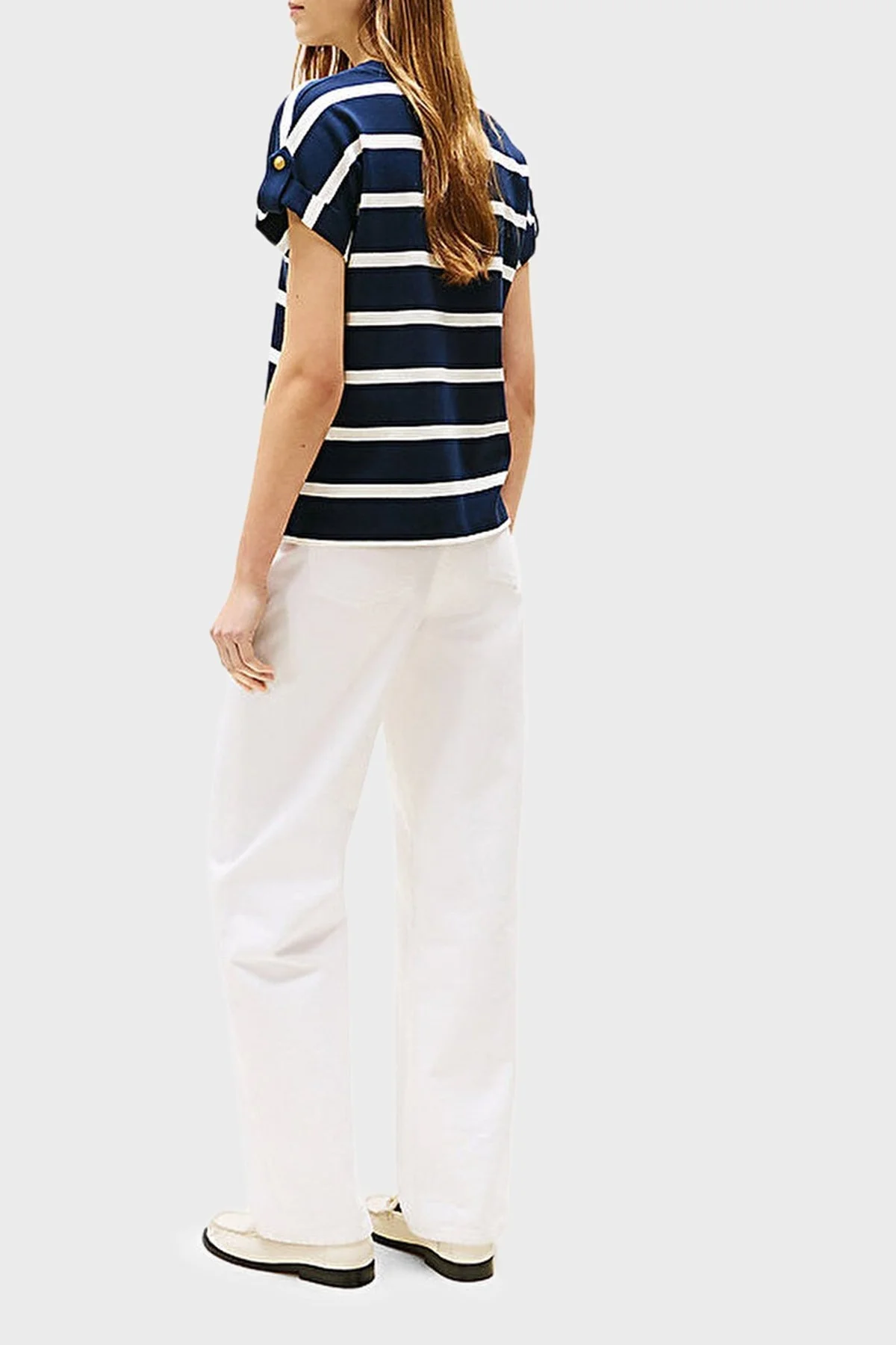 Tommy Hilfiger % 100 Pamuk Regular Fit Bisiklet Yaka Çizgili Bayan T Shirt WW0WW45628 0BB LACİVERT-BEYAZ - 3