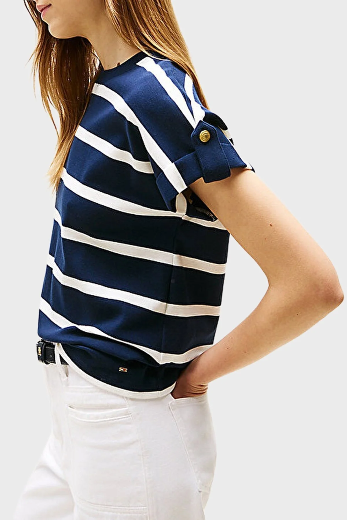 Tommy Hilfiger % 100 Pamuk Regular Fit Bisiklet Yaka Çizgili Bayan T Shirt WW0WW45628 0BB LACİVERT-BEYAZ - 4