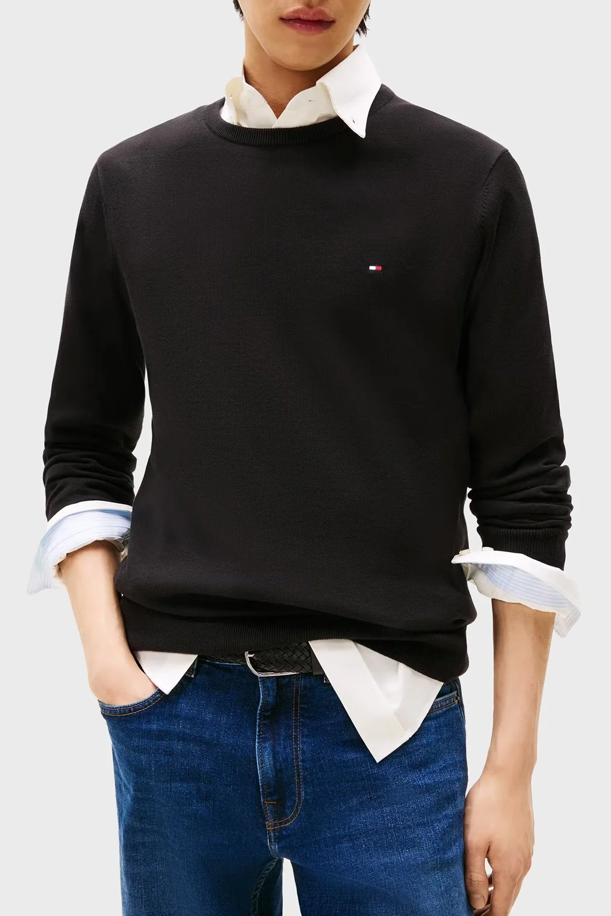 Tommy Hilfiger % 100 Pamuk Regular Fit Bisiklet Yaka Logolu Erkek Kazak MW0MW14748 BDS SİYAH - 1