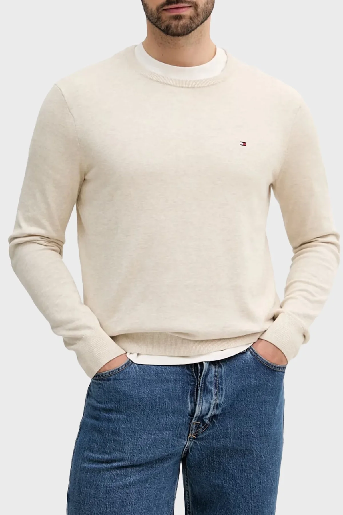 Tommy Hilfiger % 100 Pamuk Regular Fit Bisiklet Yaka Logolu Erkek Kazak MW0MW39999 HGF BEJ - 1