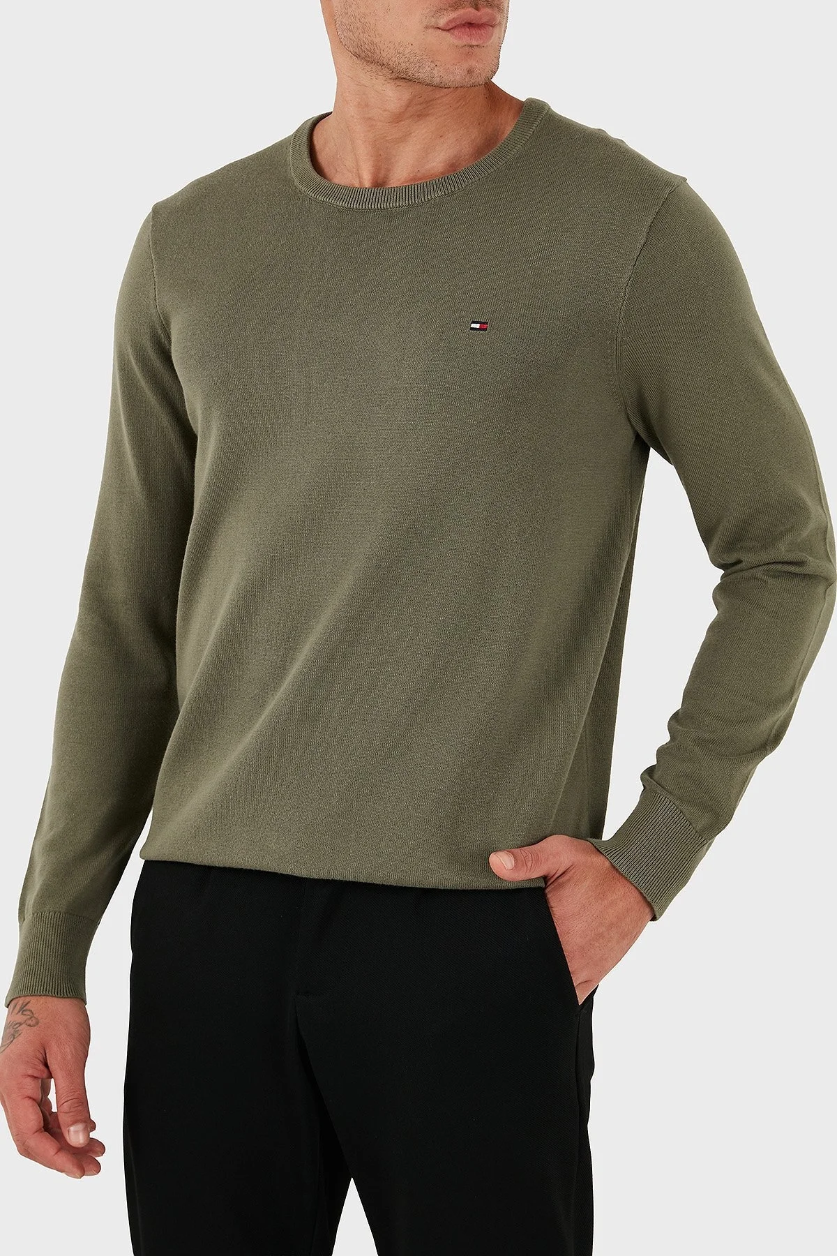 Tommy Hilfiger % 100 Pamuk Regular Fit Bisiklet Yaka Logolu Erkek Kazak MW0MW39999 PLI YEŞİL - 3