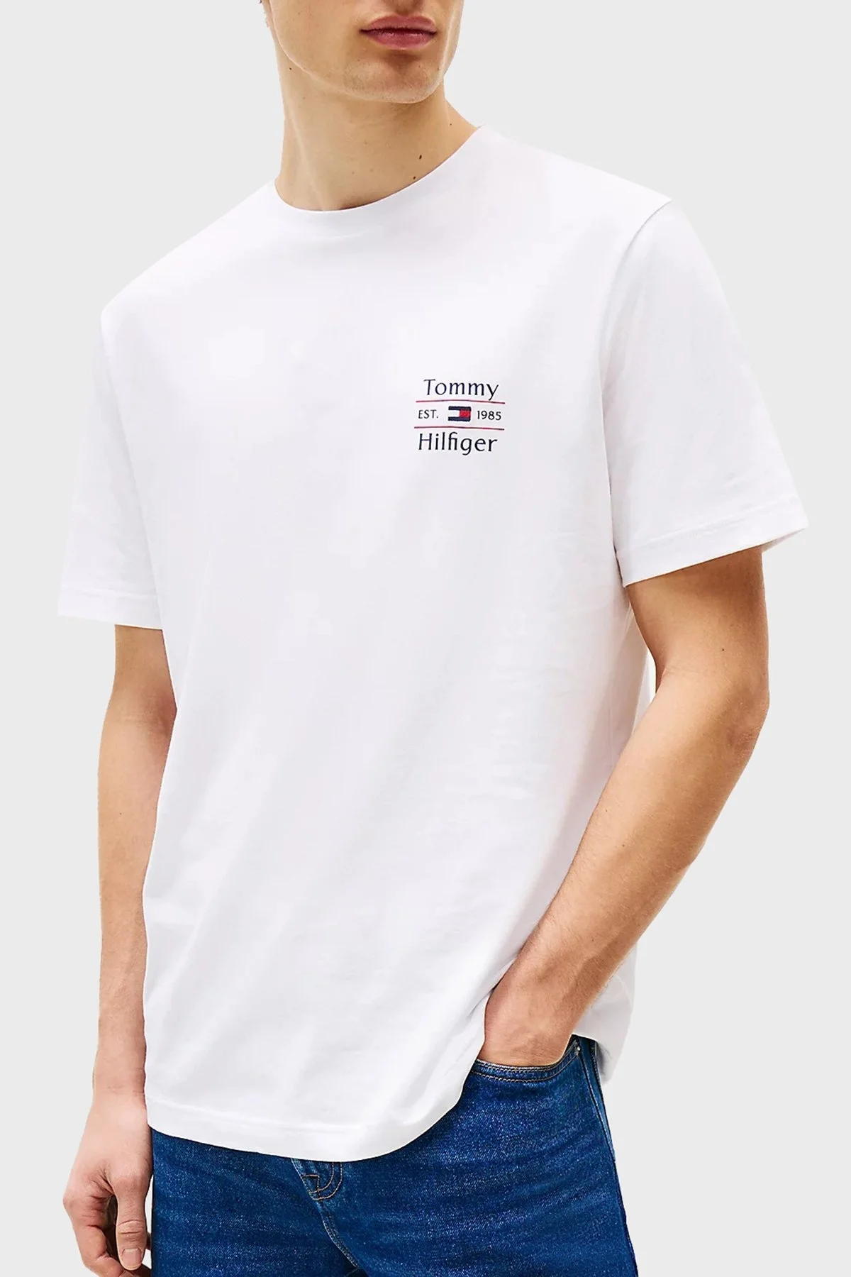 Tommy Hilfiger % 100 Pamuk Regular Fit Bisiklet Yaka Logolu Erkek T Shirt MW0MW38622 YBR BEYAZ - 6