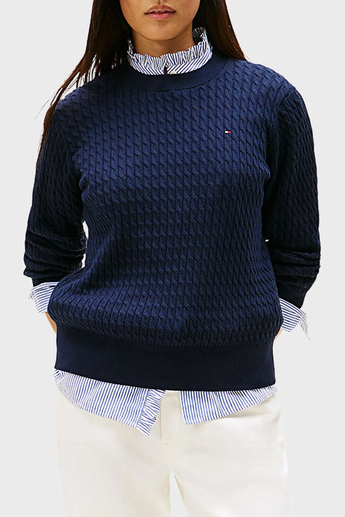 Tommy Hilfiger % 100 Pamuk Regular Fit Bisiklet Yaka Örgü Bayan Kazak WW0WW44993 0ZZ LACİVERT - 1