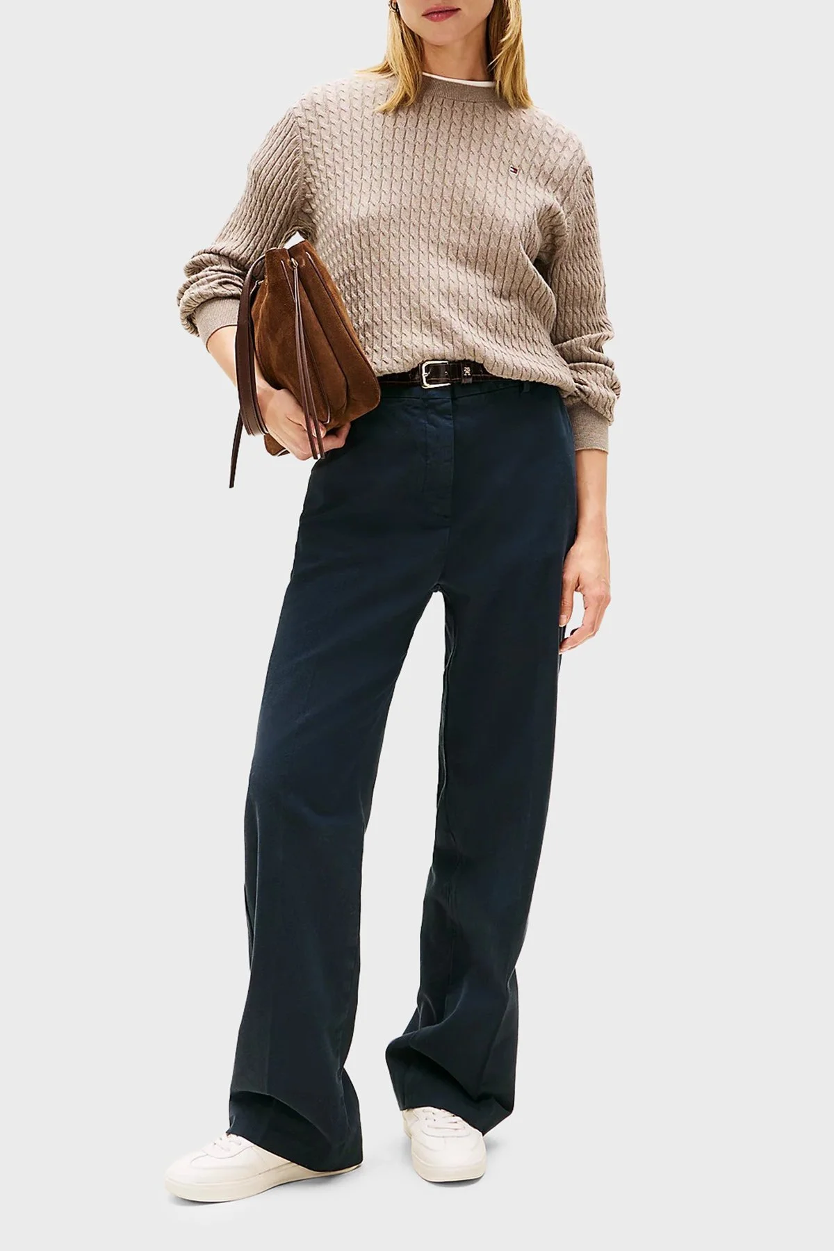 Tommy Hilfiger % 100 Pamuk Regular Fit Bisiklet Yaka Örgü Bayan Kazak WW0WW44993 ADL BEJ - 2