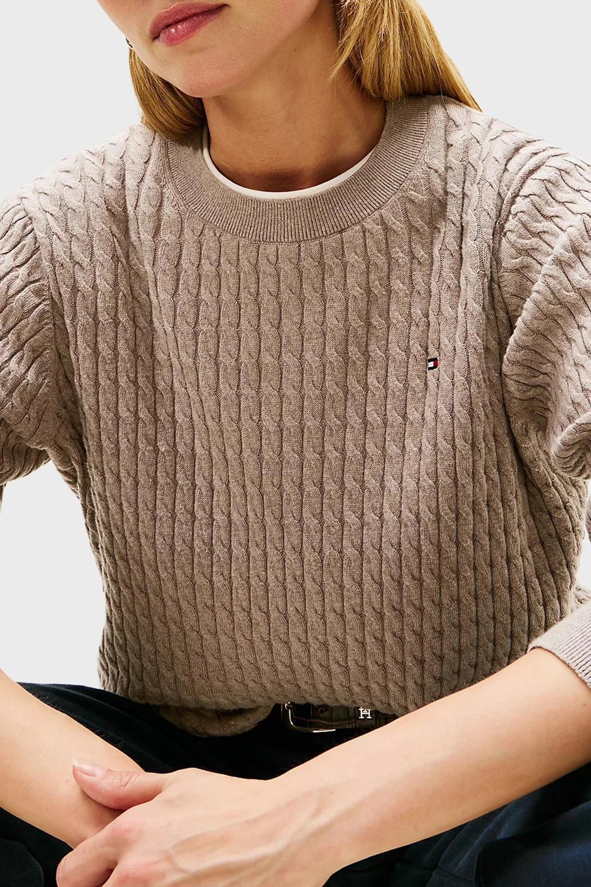 Tommy Hilfiger % 100 Pamuk Regular Fit Bisiklet Yaka Örgü Bayan Kazak WW0WW44993 ADL BEJ - 4