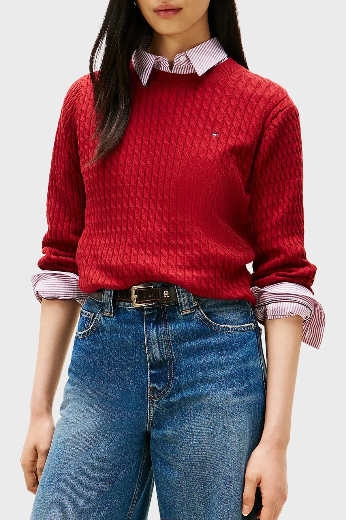 Tommy Hilfiger % 100 Pamuk Regular Fit Bisiklet Yaka Örgü Bayan Kazak WW0WW44993 XIT KIRMIZI - 1