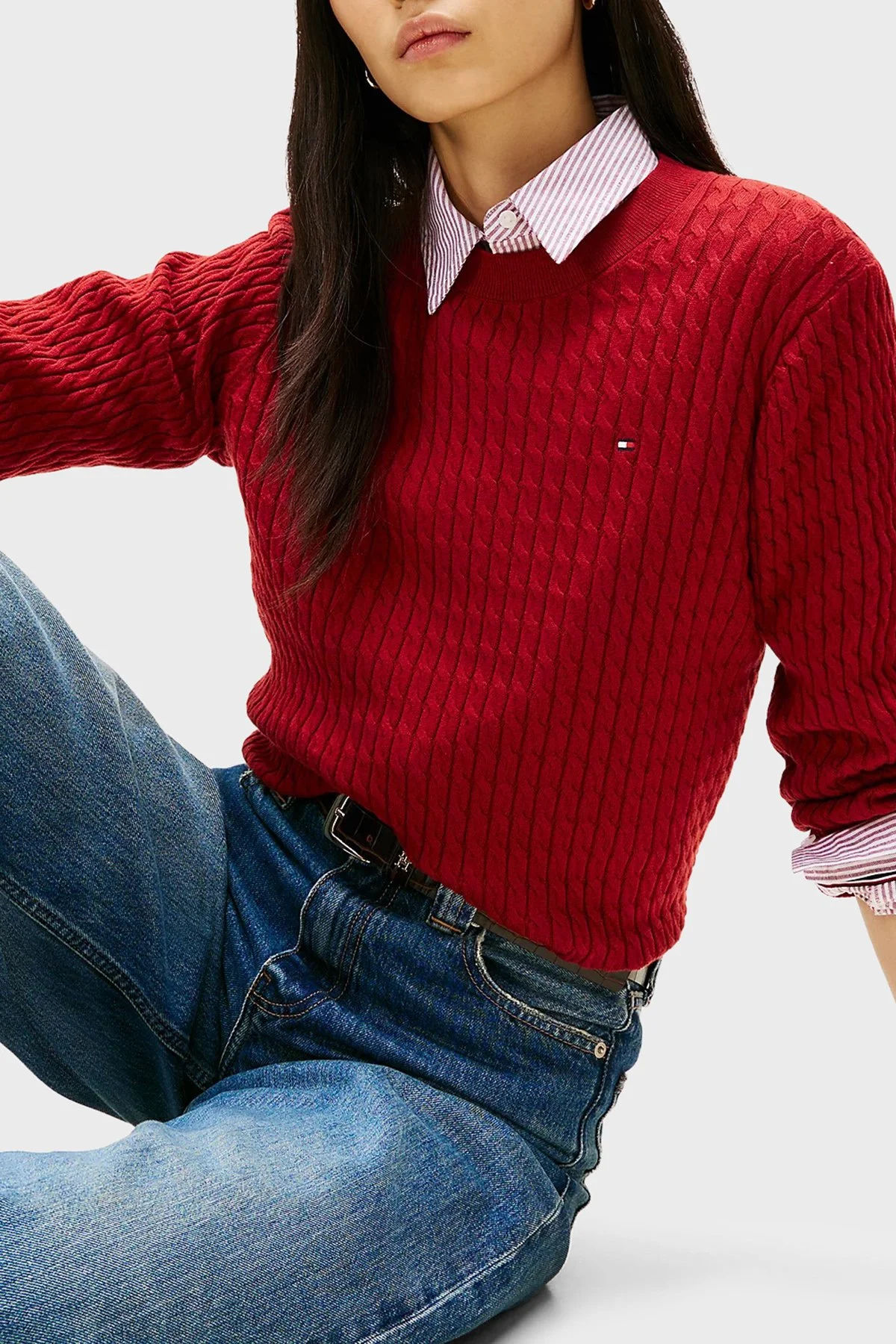 Tommy Hilfiger % 100 Pamuk Regular Fit Bisiklet Yaka Örgü Bayan Kazak WW0WW44993 XIT KIRMIZI - 4