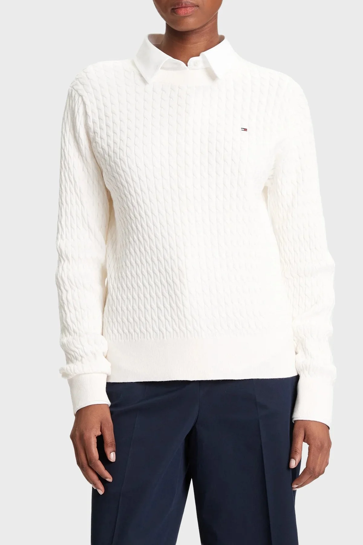 Tommy Hilfiger % 100 Pamuk Regular Fit Bisiklet Yaka Örgü Bayan Kazak WW0WW44993 YA8 BEYAZ - 1