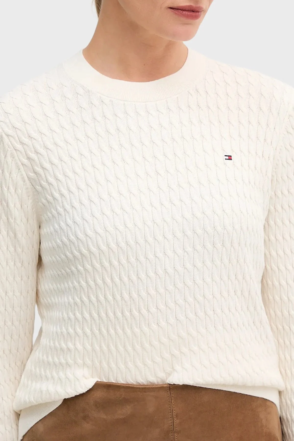 Tommy Hilfiger % 100 Pamuk Regular Fit Bisiklet Yaka Örgü Bayan Kazak WW0WW44993 Z00 AÇIK BEJ - 3