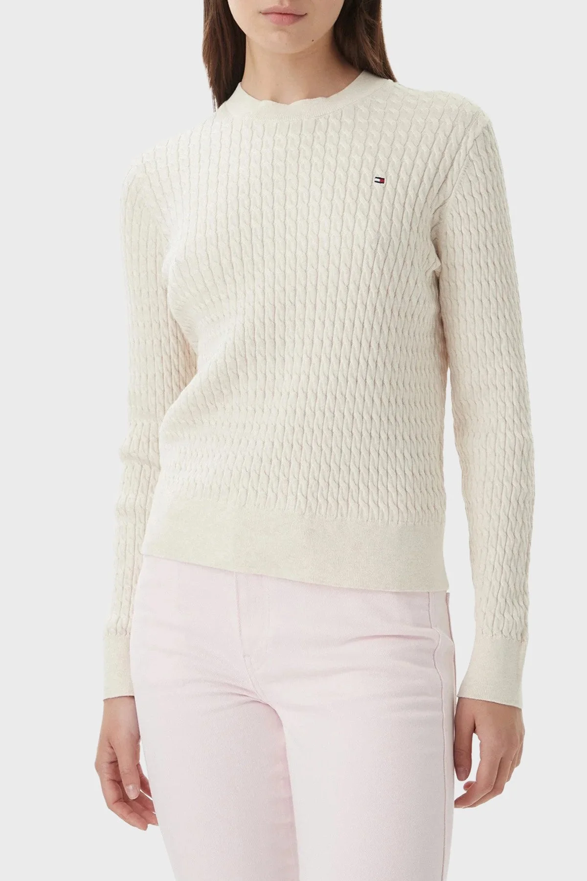 Tommy Hilfiger % 100 Pamuk Regular Fit Bisiklet Yaka Örgü Kadın Kazak WW0WW44993 0F5 Bej - 1