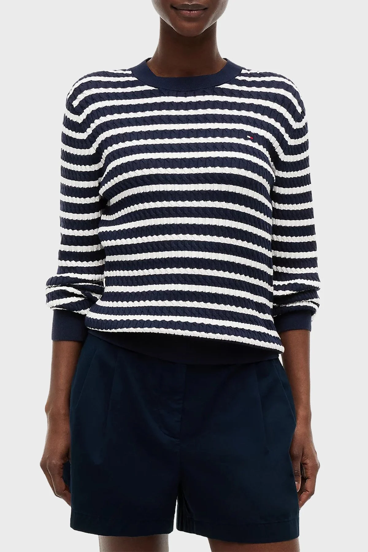 Tommy Hilfiger % 100 Pamuk Regular Fit Bisiklet Yaka Örgü Kadın Kazak WW0WW44993 0X7 Mavi-bej - 1