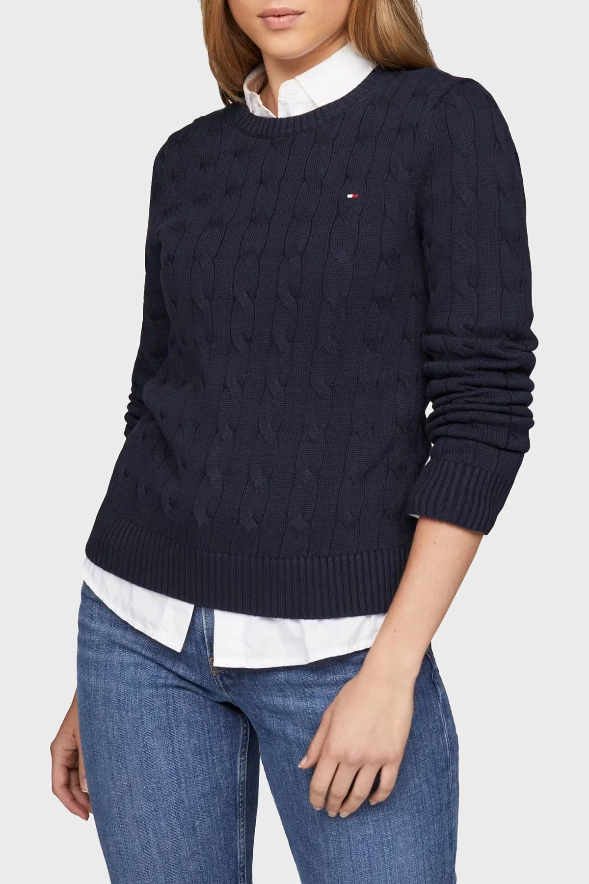 Tommy Hilfiger % 100 Pamuk Regular Fit Bisiklet Yaka Örme Bayan Kazak WW0WW45207 C1G LACİVERT - 6
