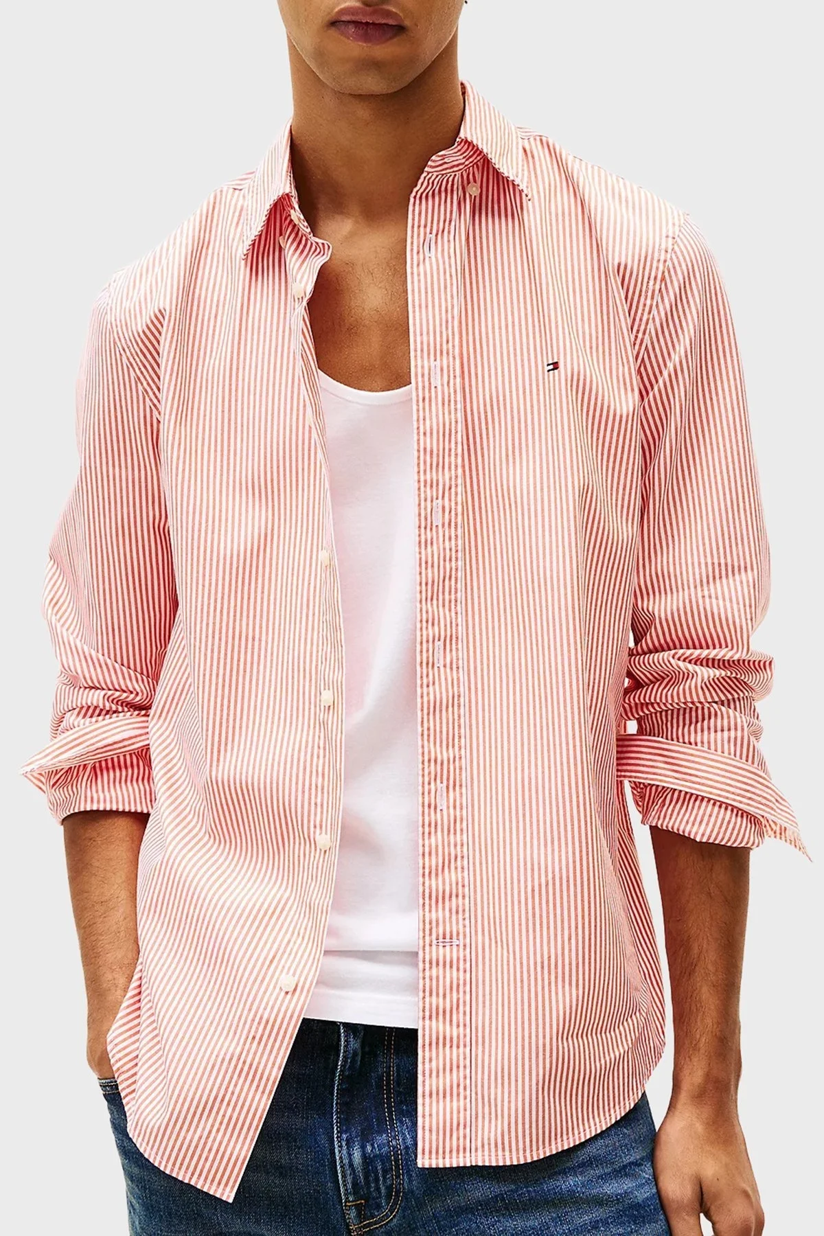 Tommy Hilfiger % 100 Pamuk Regular Fit Çizgili Düğmeli Yaka Erkek Gömlek MW0MW37549 0DM Orange-Beyaz - 6