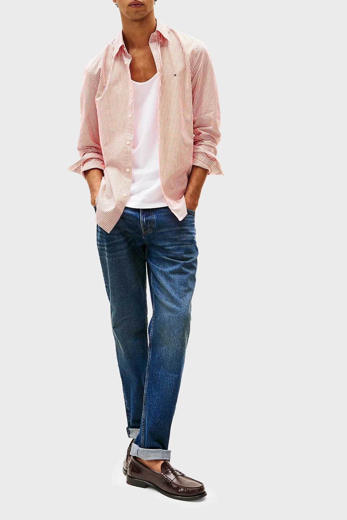 Tommy Hilfiger % 100 Pamuk Regular Fit Çizgili Düğmeli Yaka Erkek Gömlek MW0MW37549 0DM Orange-Beyaz - 7