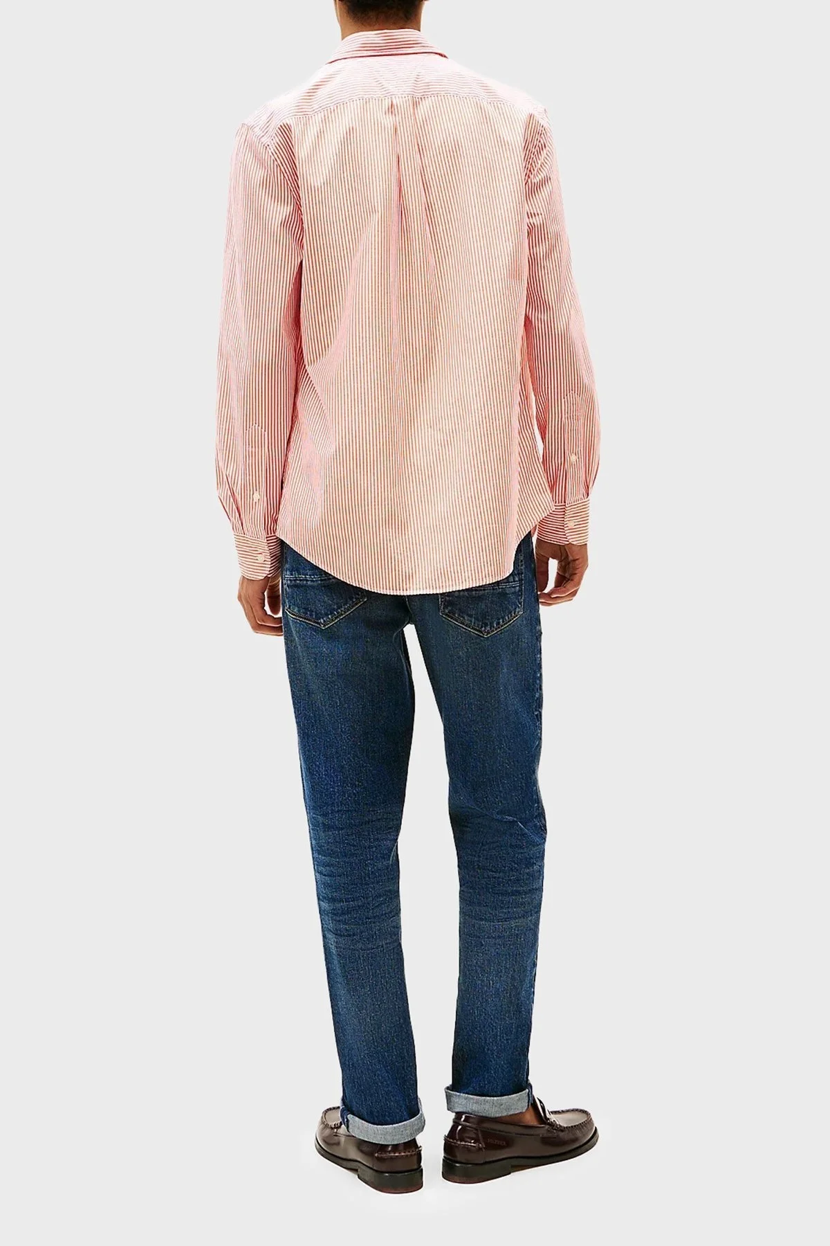 Tommy Hilfiger % 100 Pamuk Regular Fit Çizgili Düğmeli Yaka Erkek Gömlek MW0MW37549 0DM Orange-Beyaz - 8