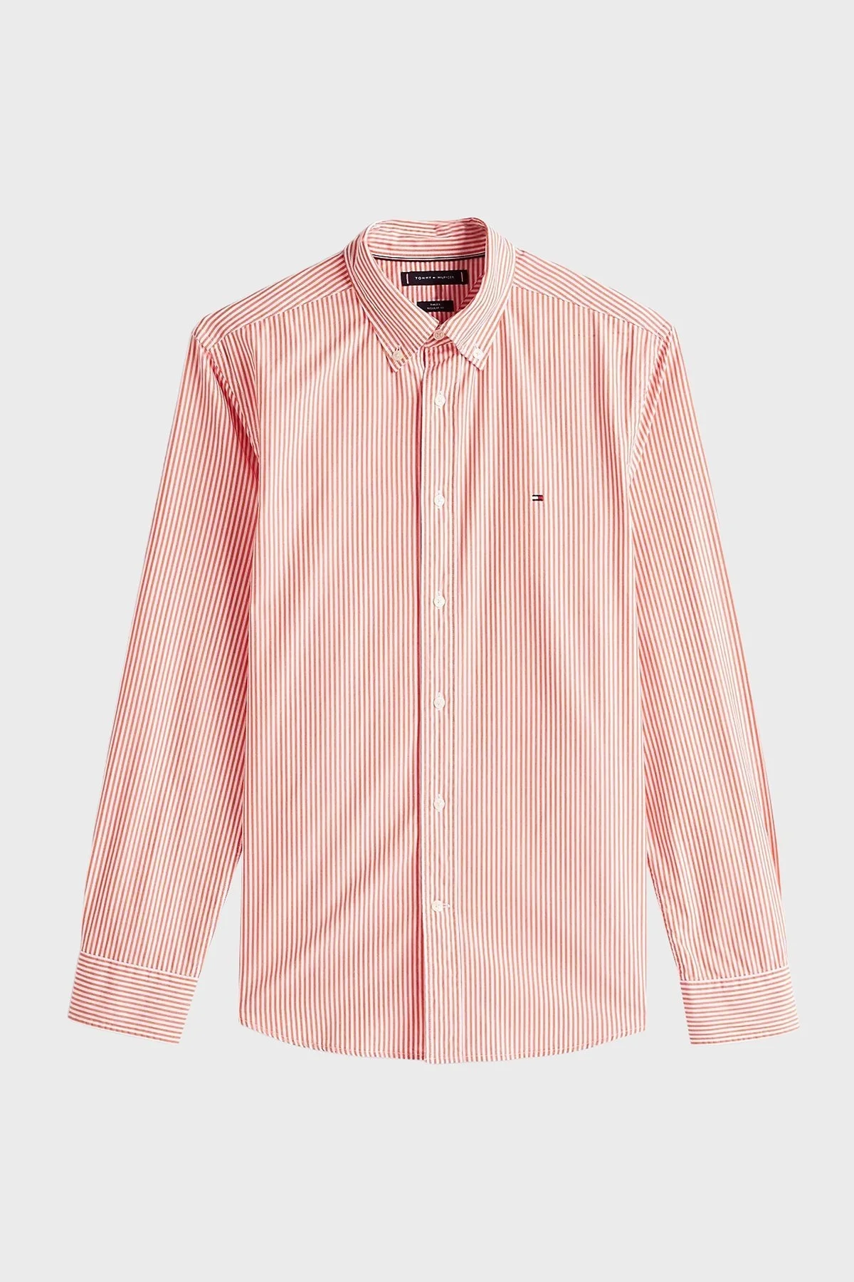 Tommy Hilfiger % 100 Pamuk Regular Fit Çizgili Düğmeli Yaka Erkek Gömlek MW0MW37549 0DM Orange-Beyaz - 10