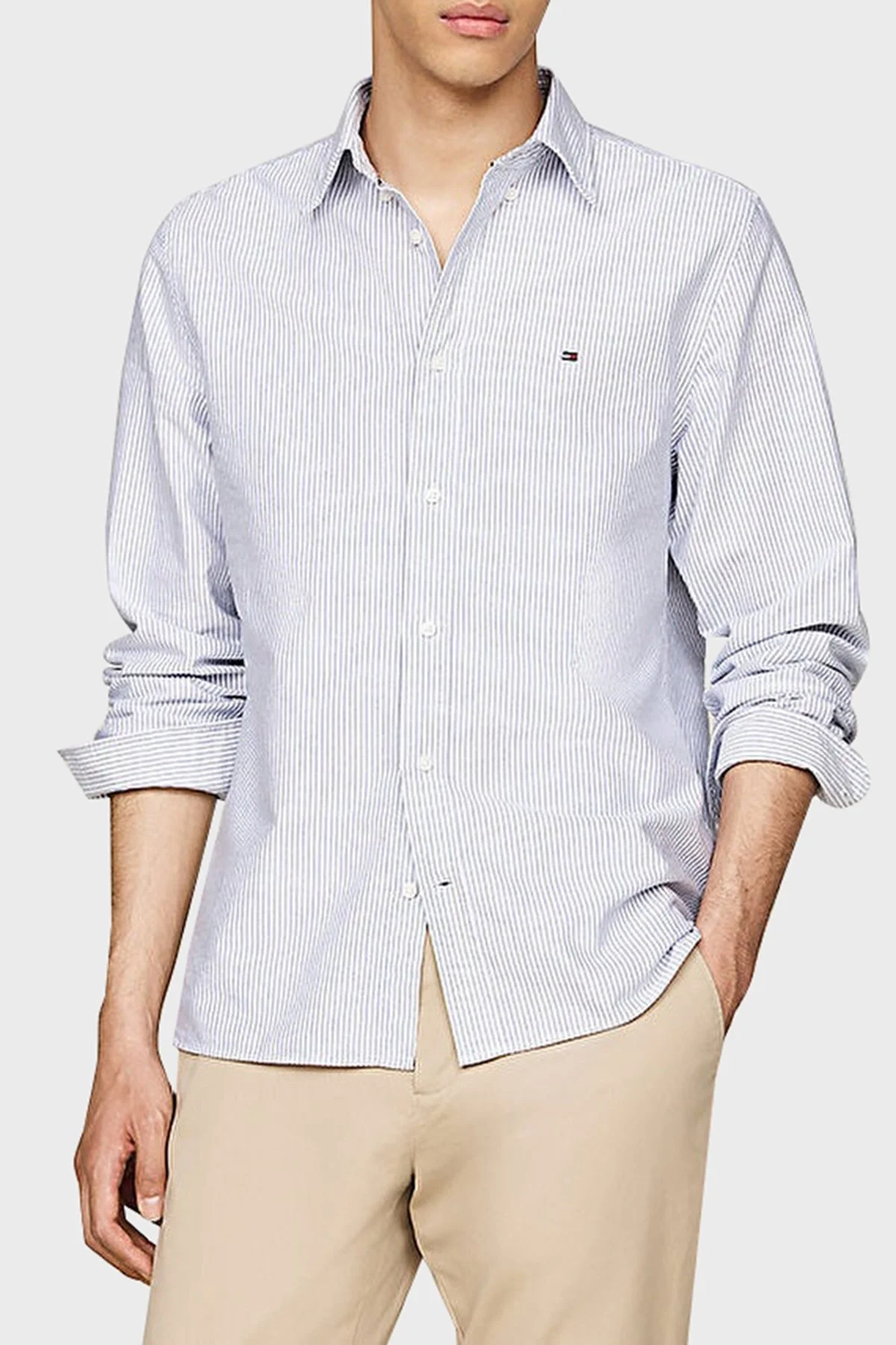 Tommy Hilfiger % 100 Pamuk Regular Fit Çizgili Erkek Gömlek MW0MW36238 0A8 MAVİ - 6