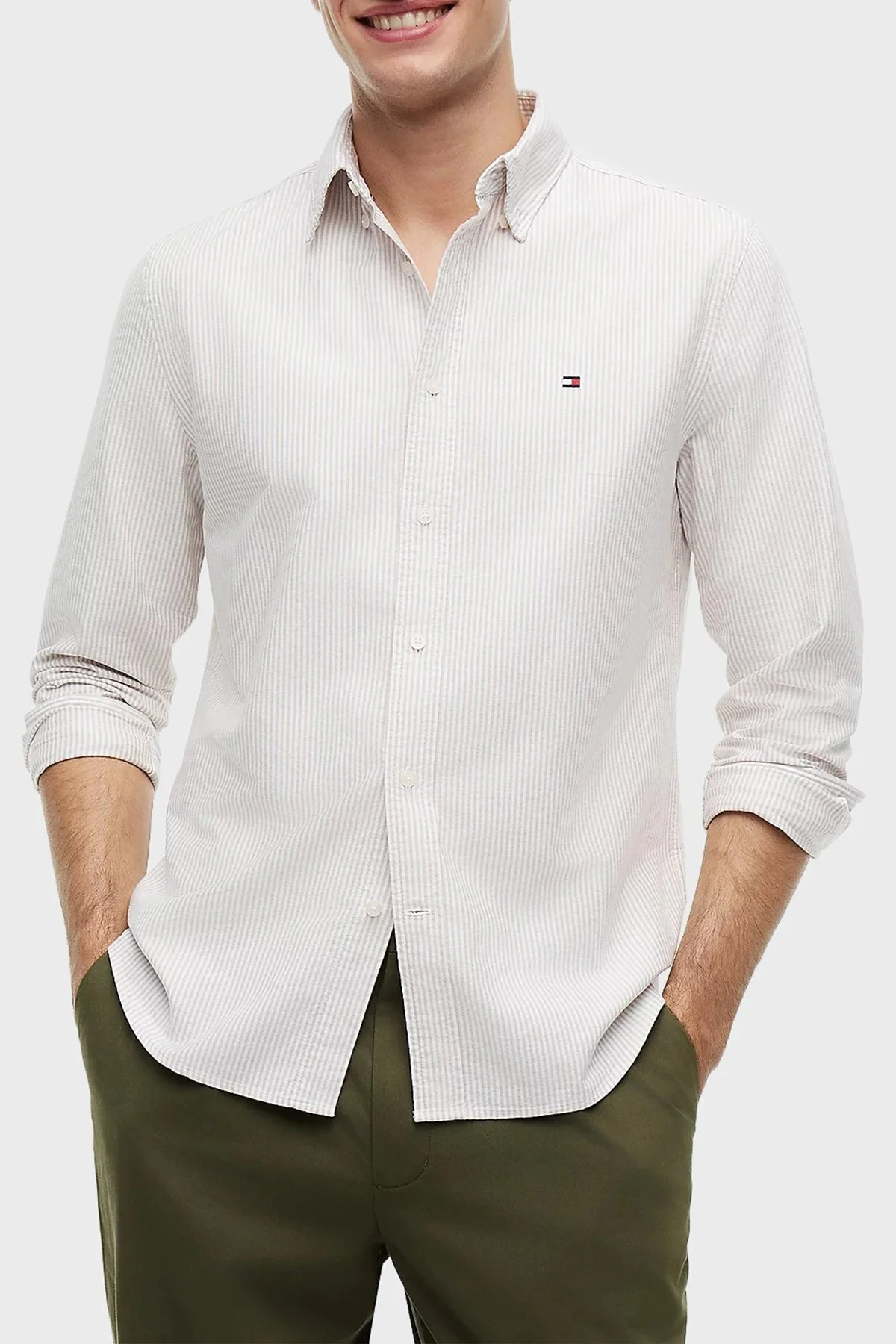 Tommy Hilfiger % 100 Pamuk Regular Fit Çizgili Erkek Gömlek MW0MW36238 0AA Bej - 1