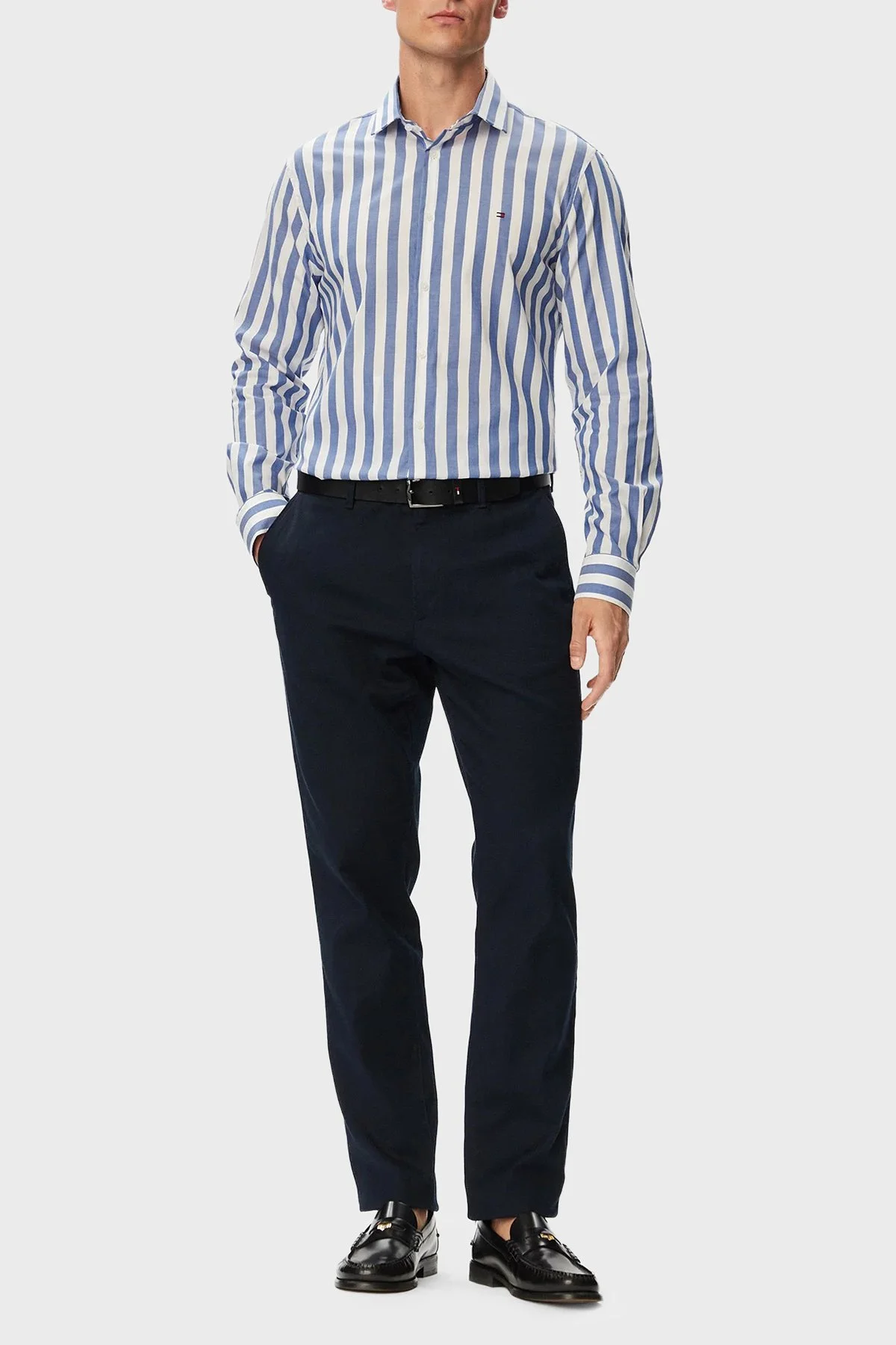 Tommy Hilfiger % 100 Pamuk Regular Fit Çizgili Erkek Gömlek MW0MW43757 C7F Mavi - 2