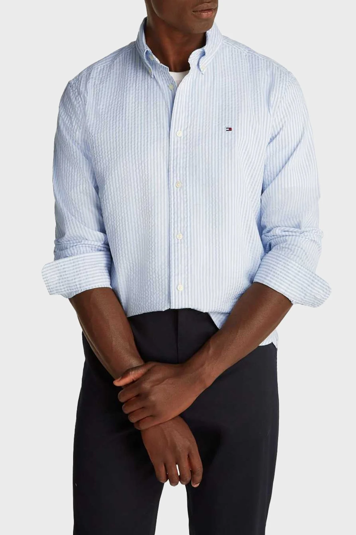 Tommy Hilfiger % 100 Pamuk Regular Fit Düğmeli Yaka Çizgili Erkek Gömlek MW0MW38571 0A4 BEYAZ-MAVİ - 1