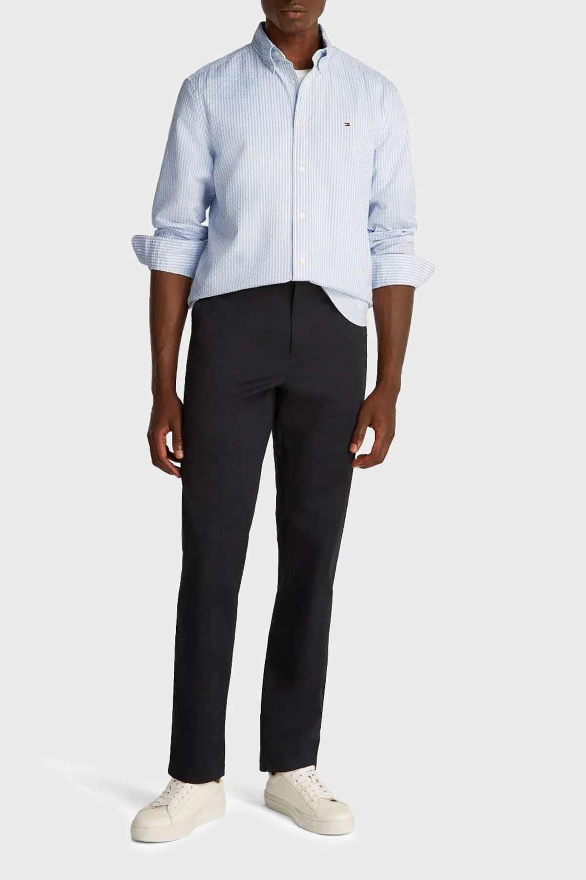 Tommy Hilfiger % 100 Pamuk Regular Fit Düğmeli Yaka Çizgili Erkek Gömlek MW0MW38571 0A4 BEYAZ-MAVİ - 2
