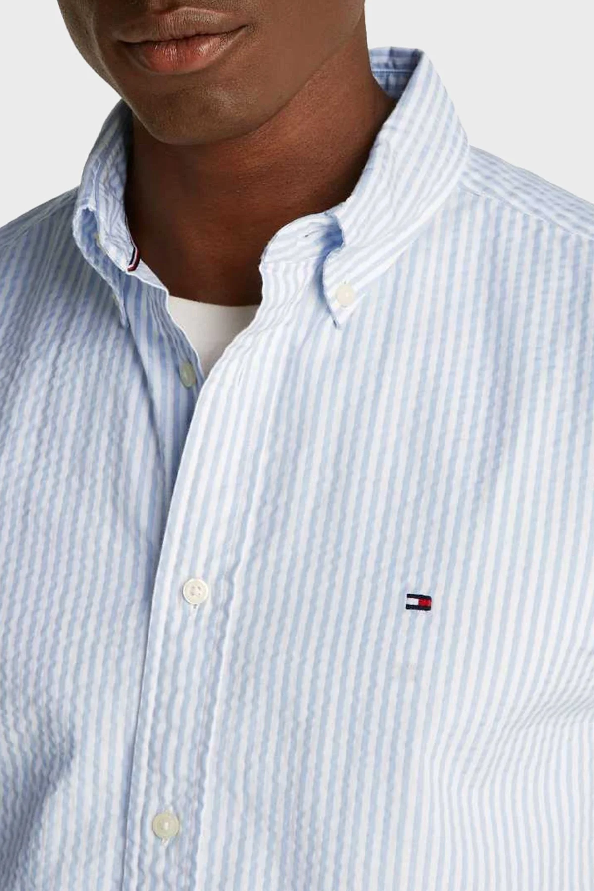 Tommy Hilfiger % 100 Pamuk Regular Fit Düğmeli Yaka Çizgili Erkek Gömlek MW0MW38571 0A4 BEYAZ-MAVİ - 4