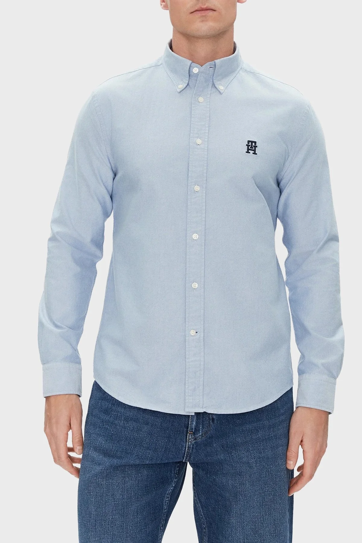Tommy Hilfiger % 100 Pamuk Regular Fit Düğmeli Yaka Logolu Erkek Gömlek MW0MW39235 0GZ AÇIK MAVİ - 6
