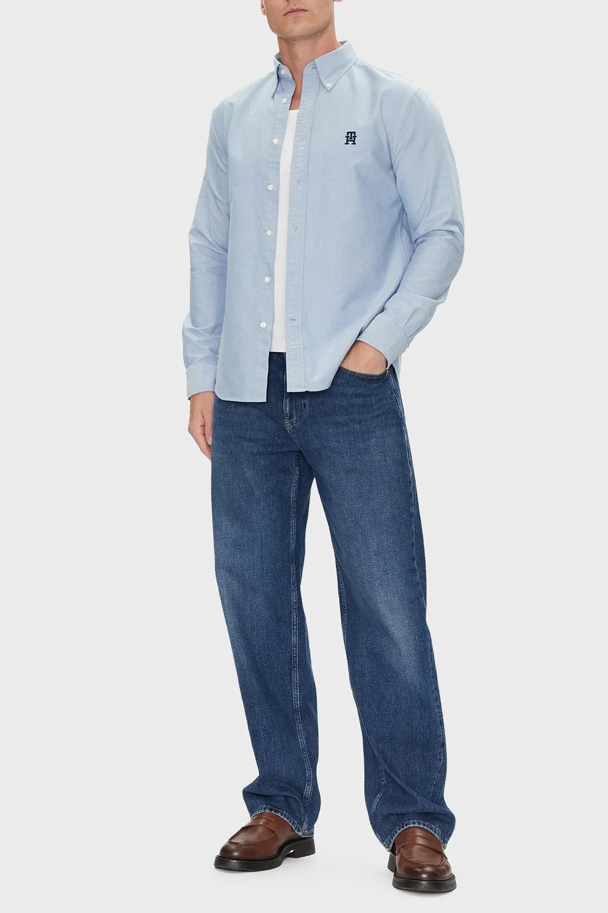 Tommy Hilfiger % 100 Pamuk Regular Fit Düğmeli Yaka Logolu Erkek Gömlek MW0MW39235 0GZ AÇIK MAVİ - 7