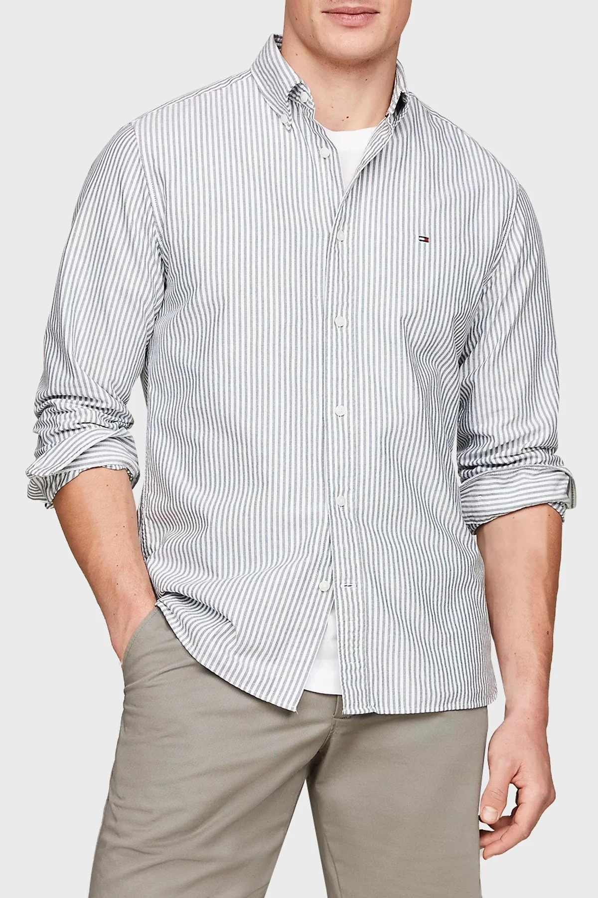 Tommy Hilfiger % 100 Pamuk Regular Fit Erkek Gömlek MW0MW36238 0CI YEŞİL-BEYAZ - 3