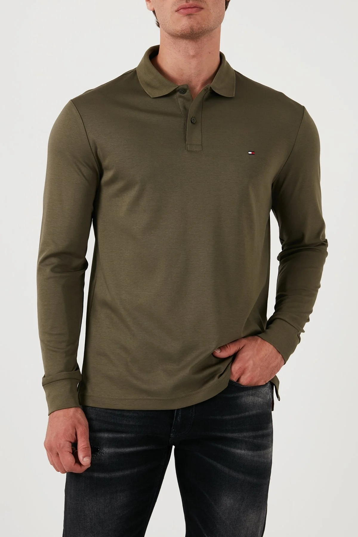 Tommy Hilfiger % 100 Pamuk Regular Fit Erkek Polo Yaka Sweat MW0MW37317 RBN KOYU HAKİ - 1