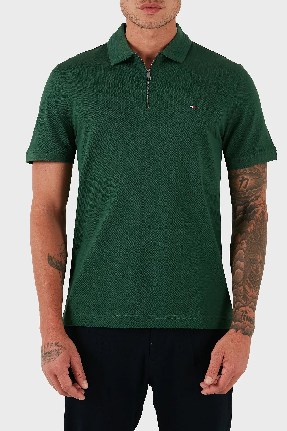 Tommy Hilfiger % 100 Pamuk Regular Fit Fermuarlı Erkek Polo Yaka T Shirt MW0MW38473 L2N YEŞİL - 1