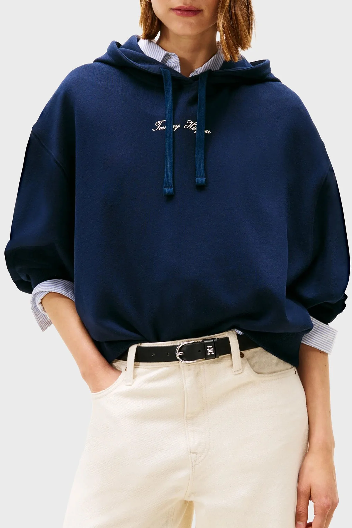 Tommy Hilfiger % 100 Pamuk Regular Fit Kapüşonlu Bayan Sweat WW0WW48270 C1G LACİVERT - 1