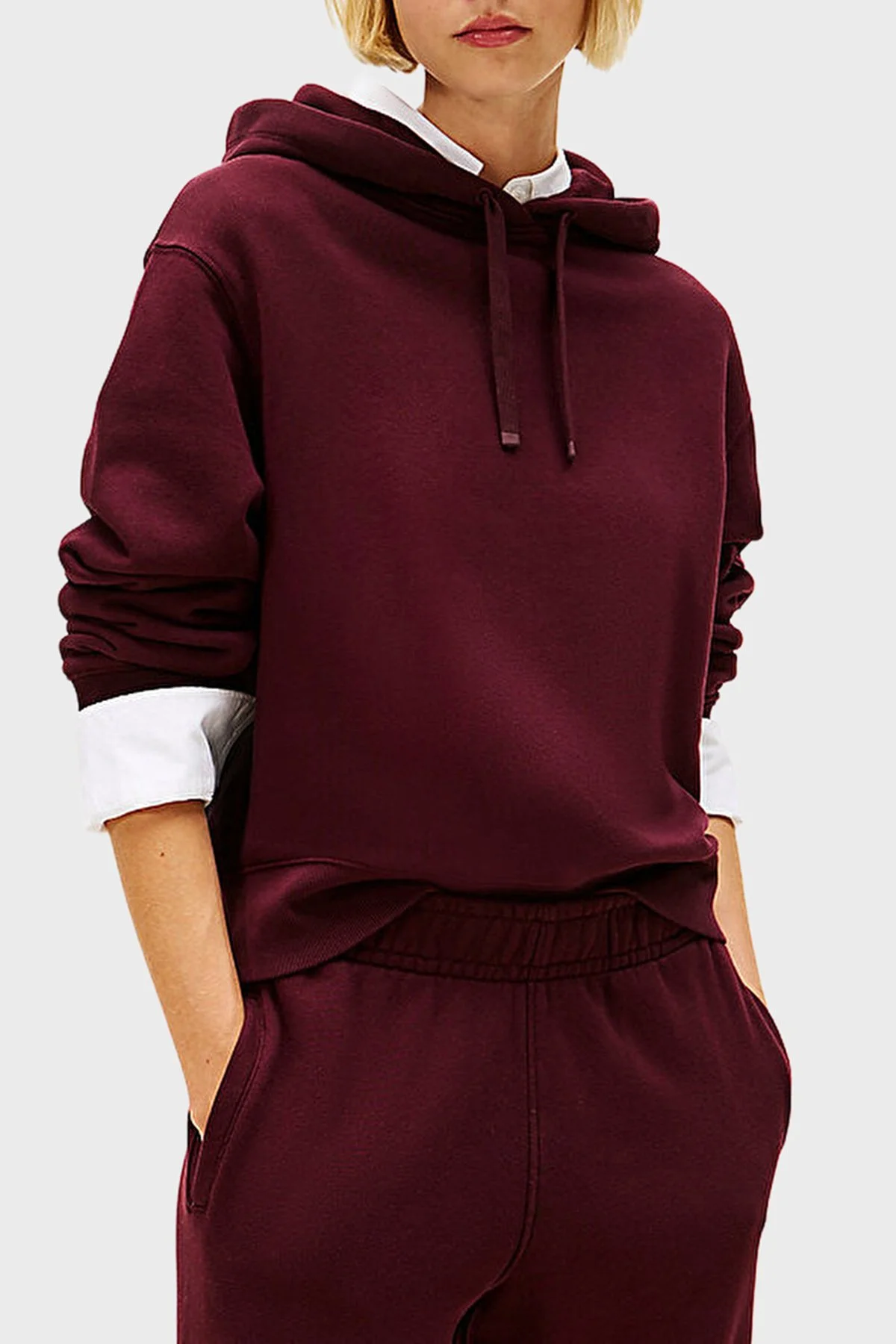 Tommy Hilfiger % 100 Pamuk Regular Fit Kapüşonlu Yaka Logolu Bayan Sweat WW0WW46127 XIH BORDO - 1