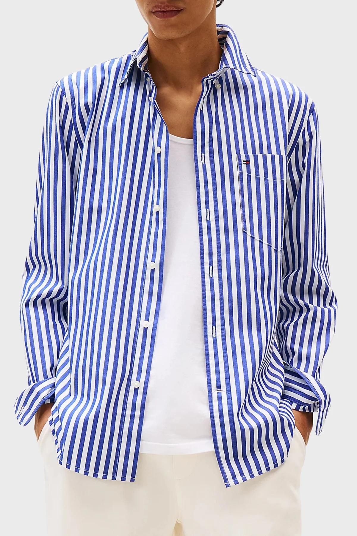 Tommy Hilfiger % 100 Pamuk Regular Fit Uzun Kollu Çizgili Erkek Gömlek MW0MW39451 0A4 BEYAZ-MAVİ - 1