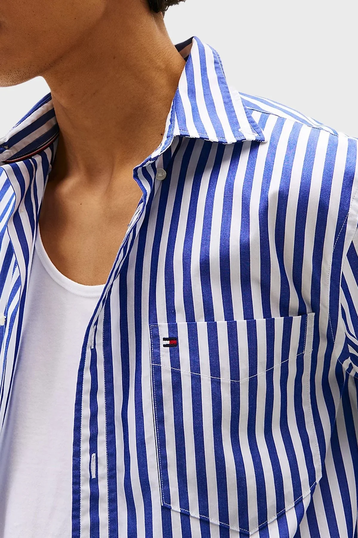 Tommy Hilfiger % 100 Pamuk Regular Fit Uzun Kollu Çizgili Erkek Gömlek MW0MW39451 0A4 BEYAZ-MAVİ - 4