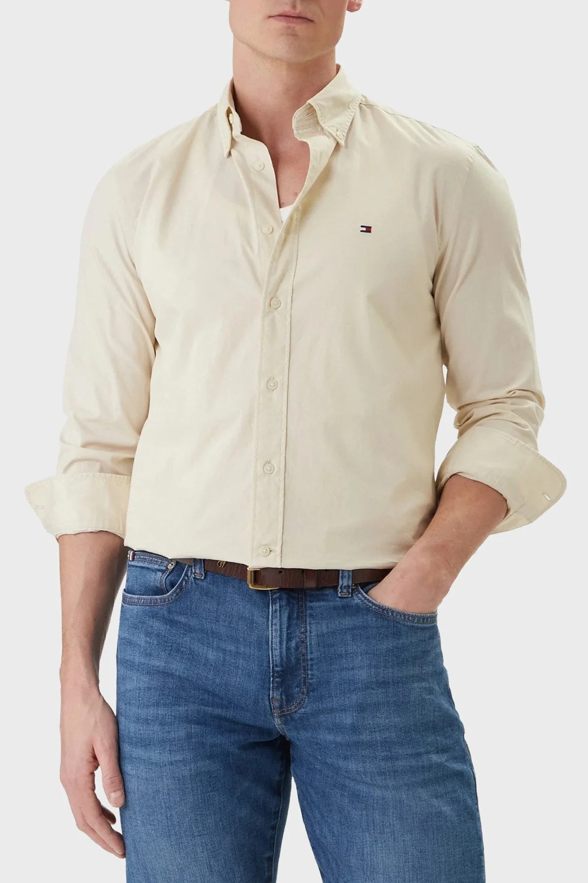 Tommy Hilfiger % 100 Pamuk Regular Fit Uzun Kollu Erkek Gömlek MW0MW37550 ACJ BEJ - 1