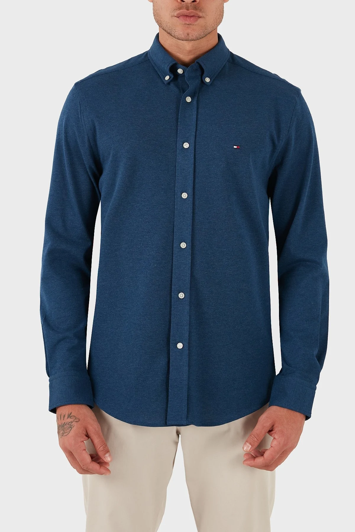 Tommy Hilfiger % 100 Pamuk Regular Fit Uzun Kollu Logolu Erkek Gömlek MW0MW39422 DU5 MAVİ - 1