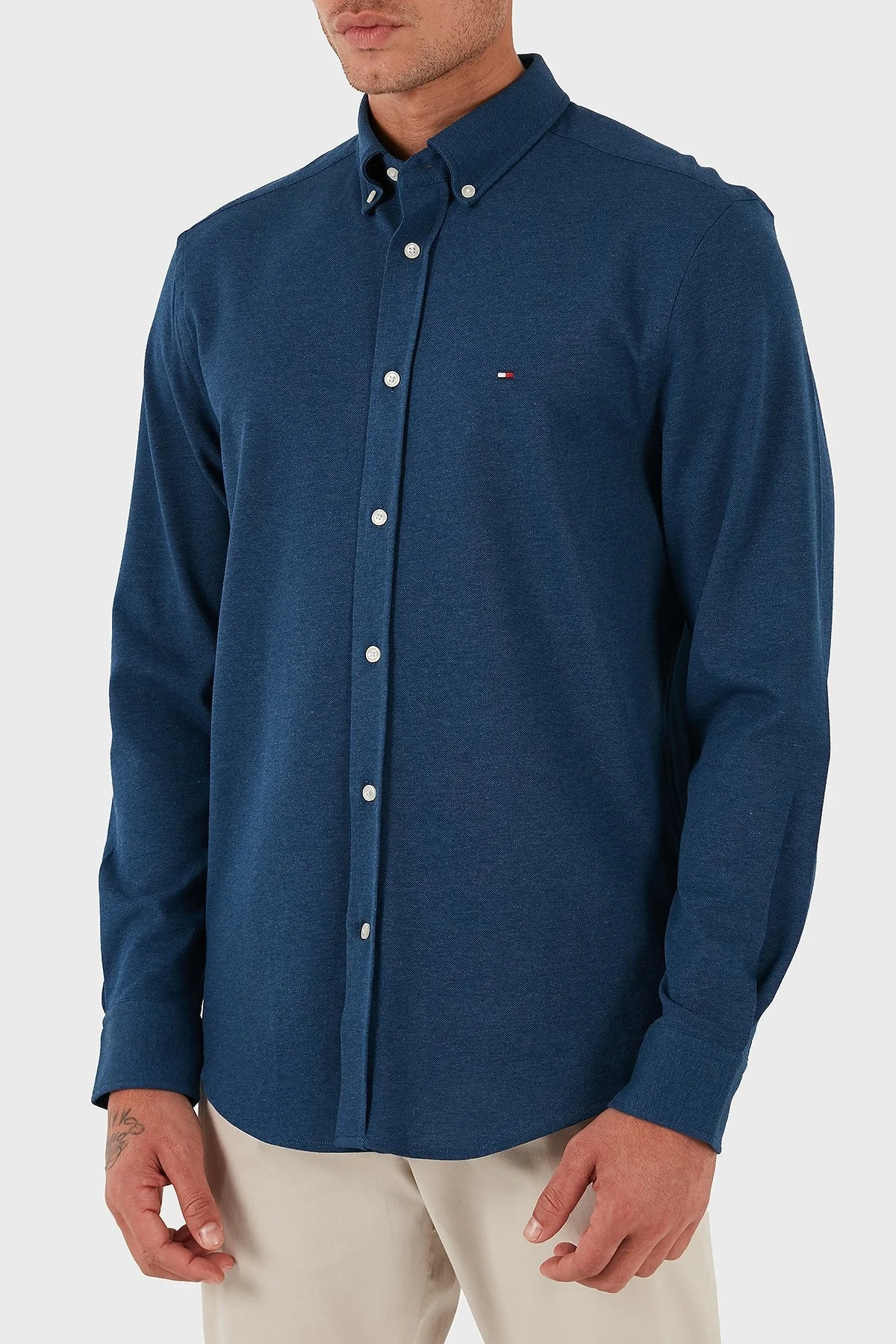 Tommy Hilfiger % 100 Pamuk Regular Fit Uzun Kollu Logolu Erkek Gömlek MW0MW39422 DU5 MAVİ - 3