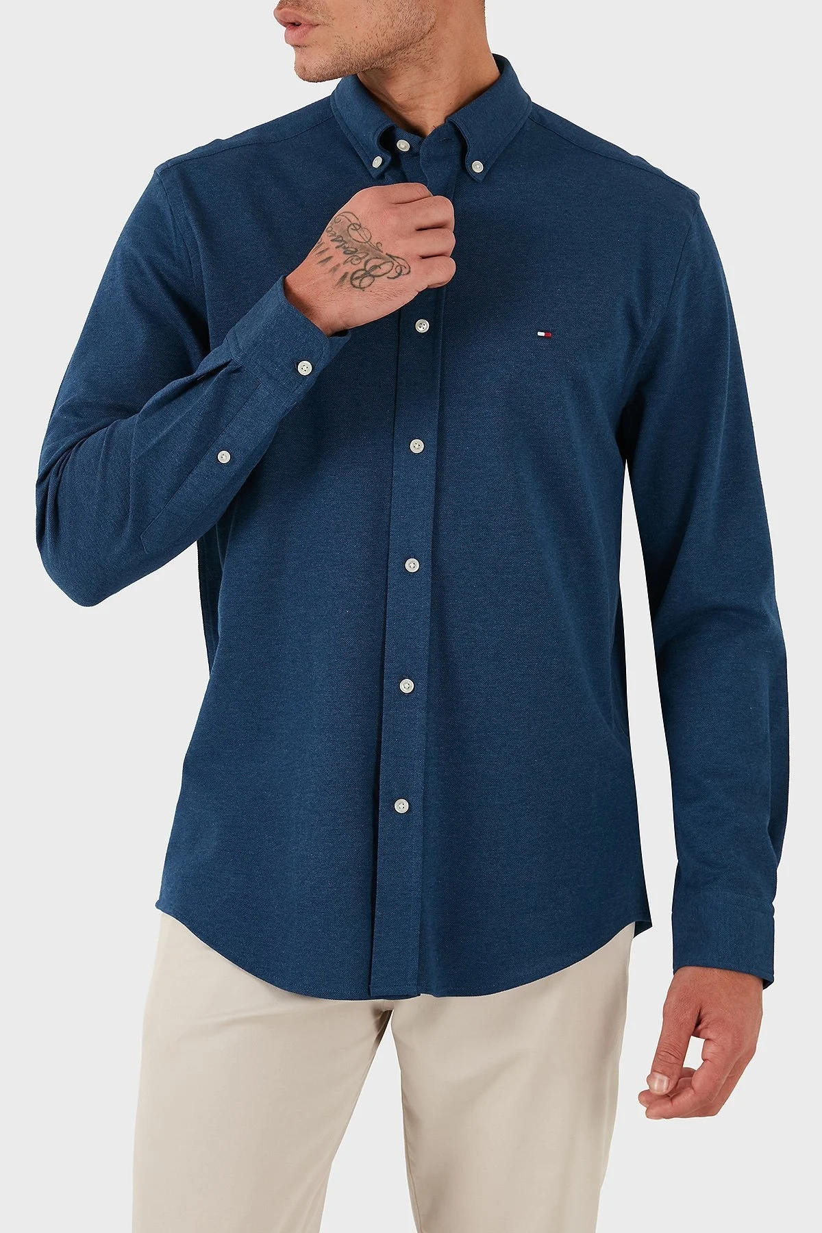 Tommy Hilfiger % 100 Pamuk Regular Fit Uzun Kollu Logolu Erkek Gömlek MW0MW39422 DU5 MAVİ - 4
