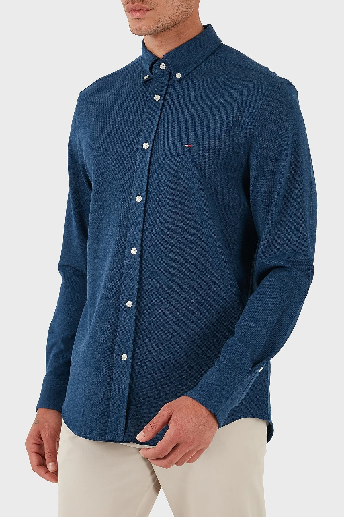 Tommy Hilfiger % 100 Pamuk Regular Fit Uzun Kollu Logolu Erkek Gömlek MW0MW39422 DU5 MAVİ - 5