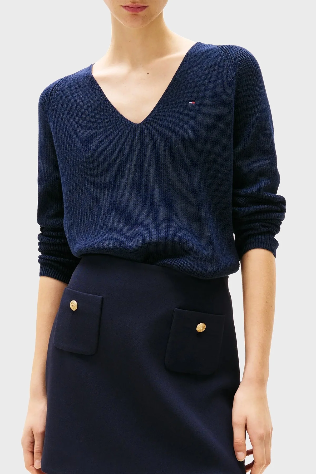 Tommy Hilfiger % 100 Pamuk Regular Fit V Yaka Bayan Kazak WW0WW44452 C1G LACİVERT - 6