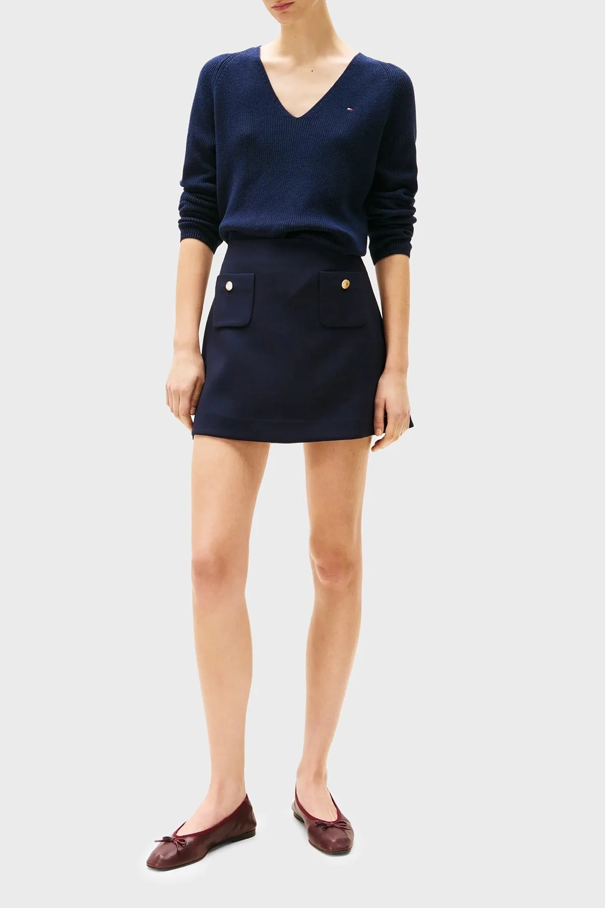 Tommy Hilfiger % 100 Pamuk Regular Fit V Yaka Bayan Kazak WW0WW44452 C1G LACİVERT - 8