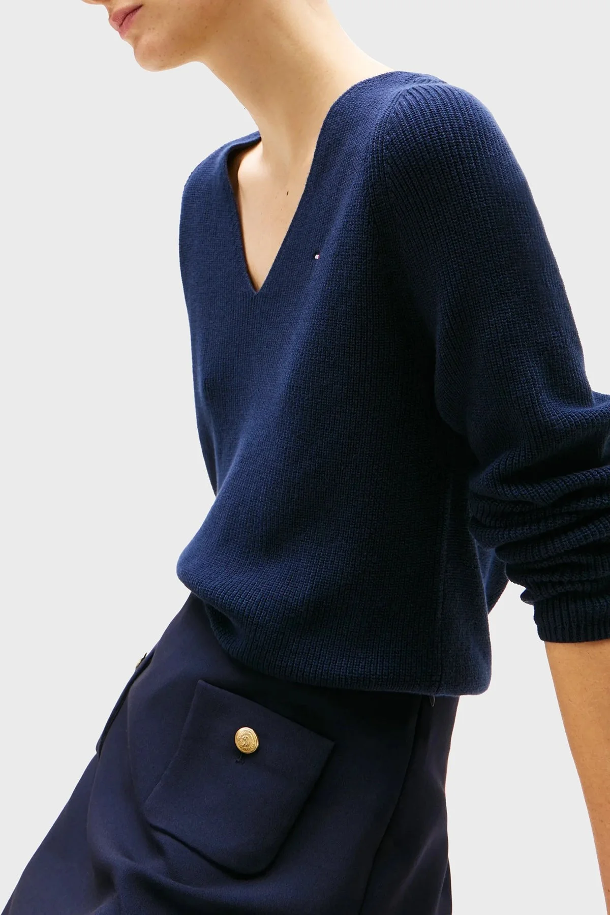 Tommy Hilfiger % 100 Pamuk Regular Fit V Yaka Bayan Kazak WW0WW44452 C1G LACİVERT - 9