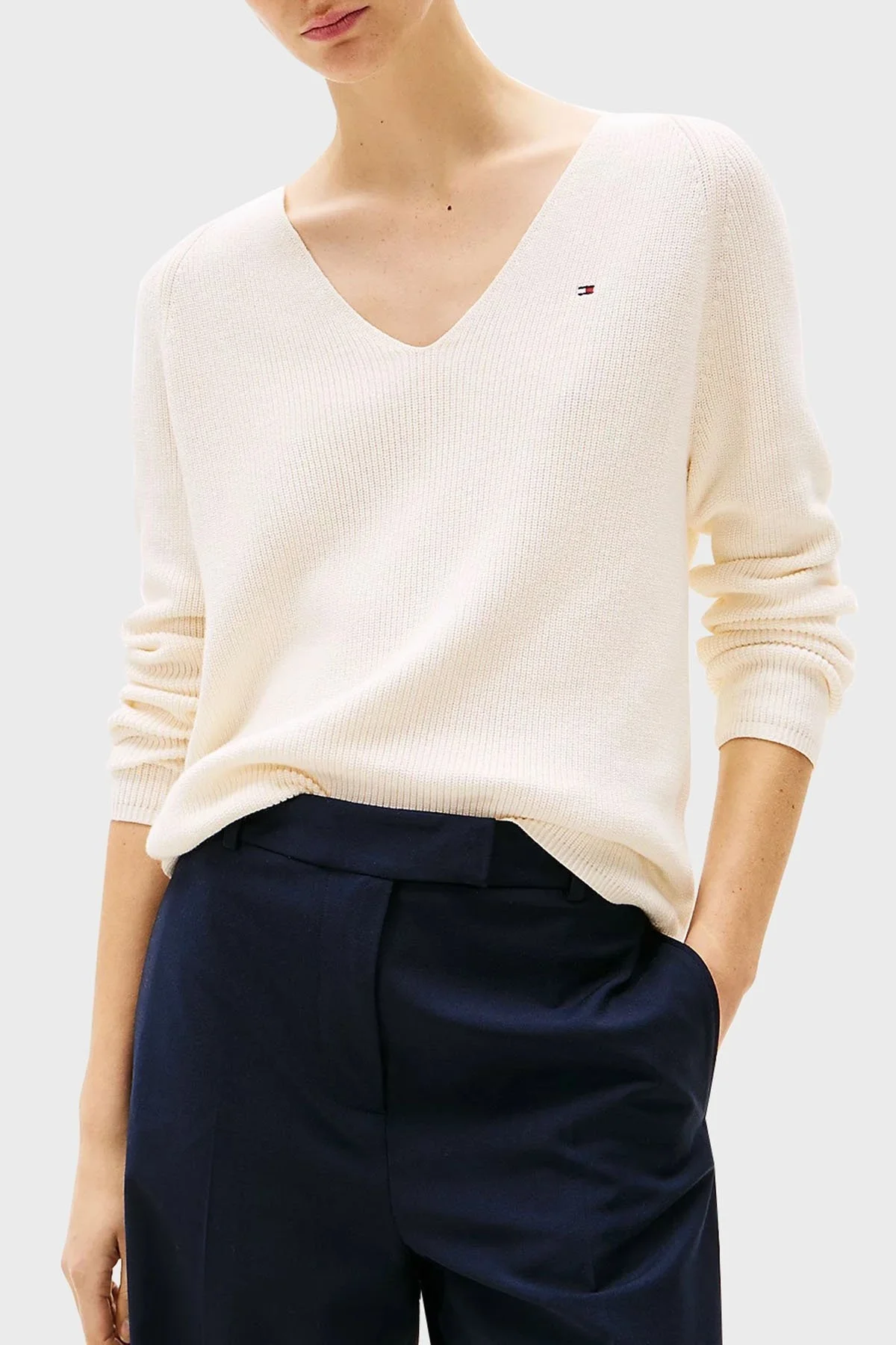 Tommy Hilfiger % 100 Pamuk Regular Fit V Yaka Bayan Kazak WW0WW44452 Z00 AÇIK BEJ - 6