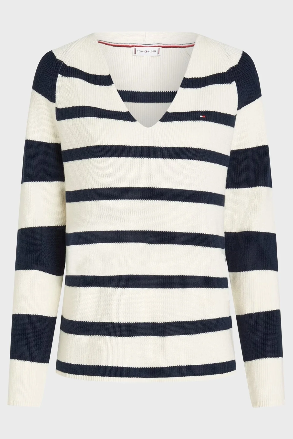 Tommy Hilfiger % 100 Pamuk Regular Fit V Yaka Çizgili Bayan Kazak WW0WW44452 0FF KREM-LACIVERT - 6