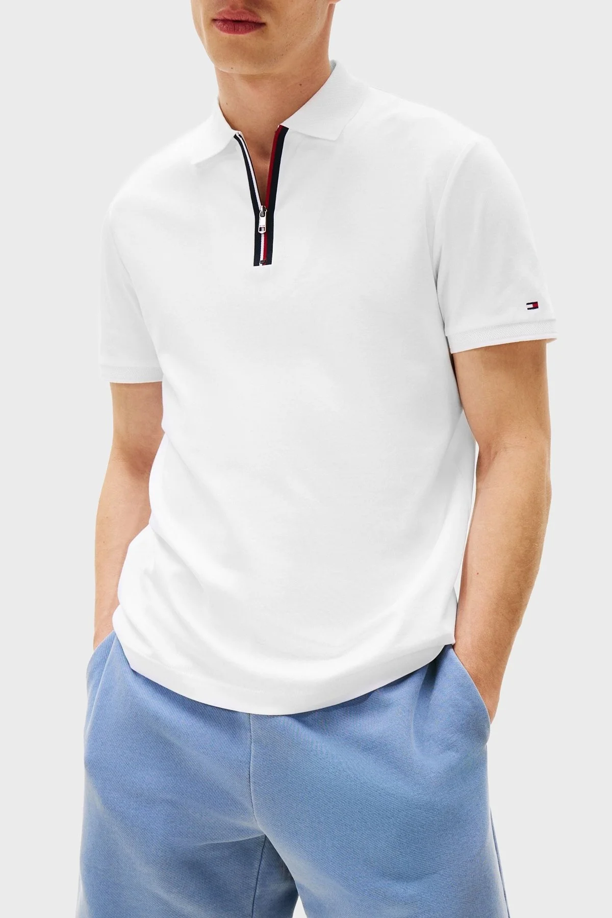 Tommy Hilfiger % 100 Pamuk Regular Fit Yarım Fermuarlı Erkek Polo Yaka T Shirt MW0MW39552 YBR BEYAZ - 1