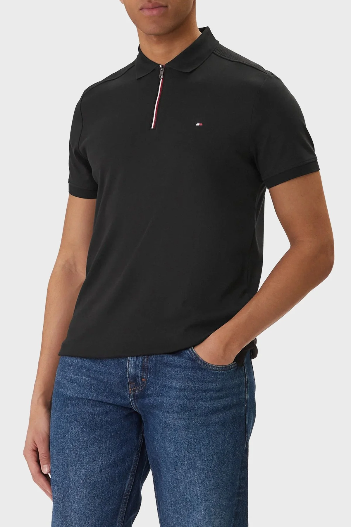 Tommy Hilfiger % 100 Pamuk Regular Fit Yarım Fermuarlı Erkek Polo Yaka T Shirt MW0MW41613 BDS SİYAH - 1