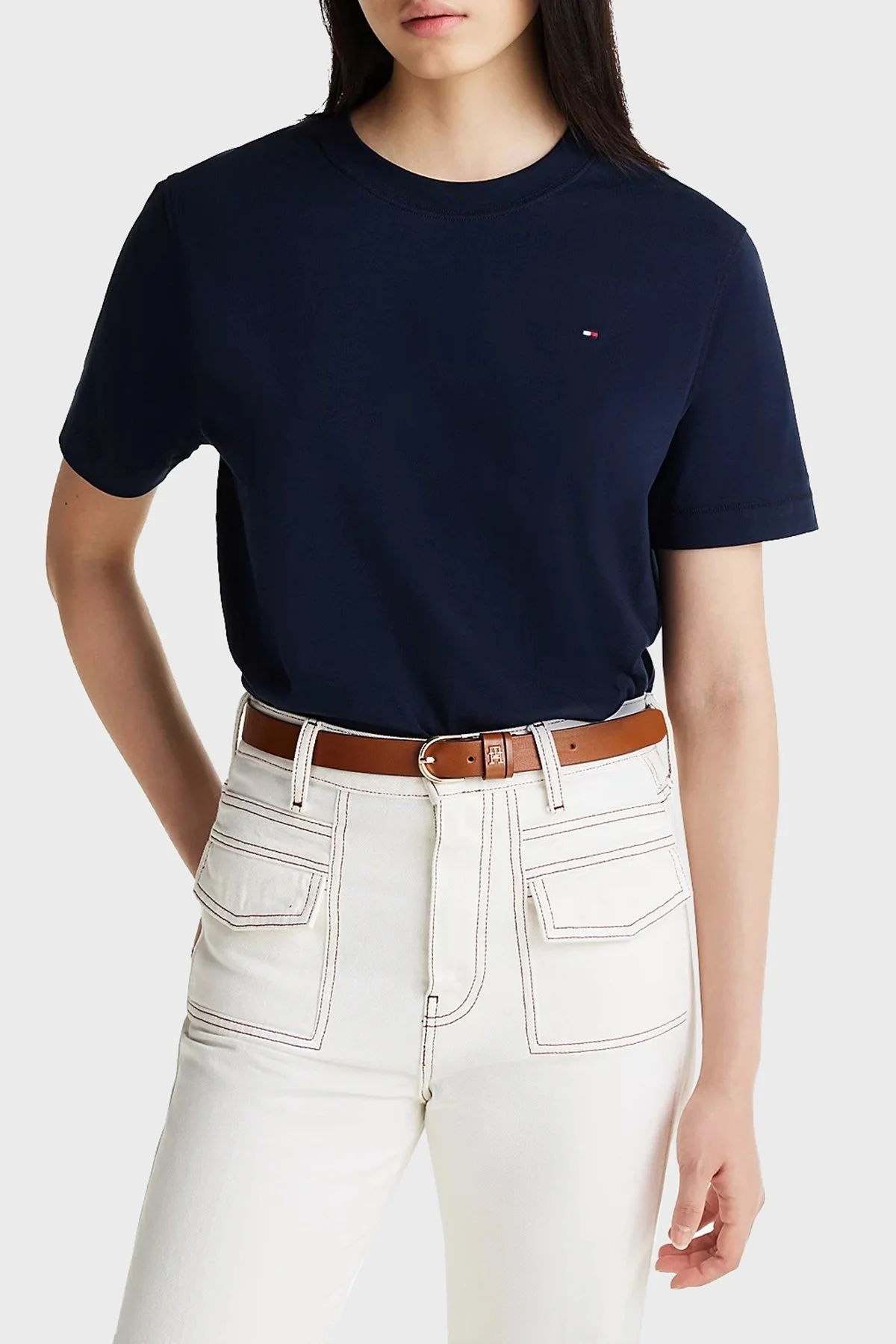 Tommy Hilfiger % 100 Pamuk Relaxed Fit Bisiklet Yaka Bayan T Shirt WW0WW43597 C1G LACİVERT - 1