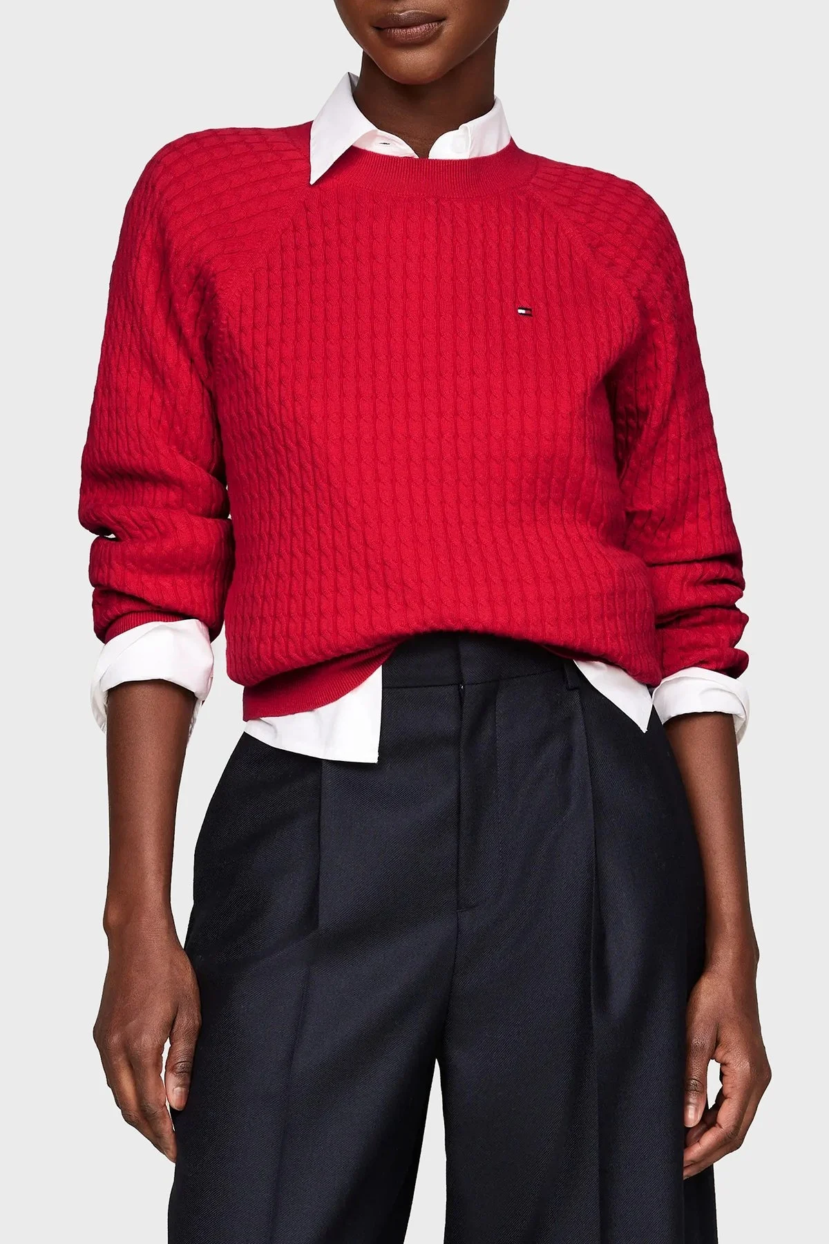 Tommy Hilfiger % 100 Pamuk Relaxed Fit Bisiklet Yaka Örme Bayan Kazak WW0WW41142 XLG KIRMIZI - 1